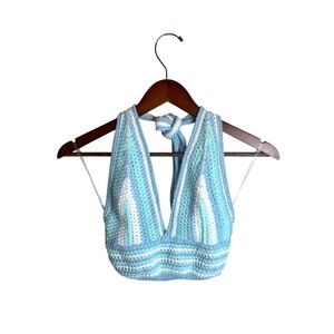 Modamalfi Crochet Halter Knit Top Blue White One Size Boho Coquette Italy Made
